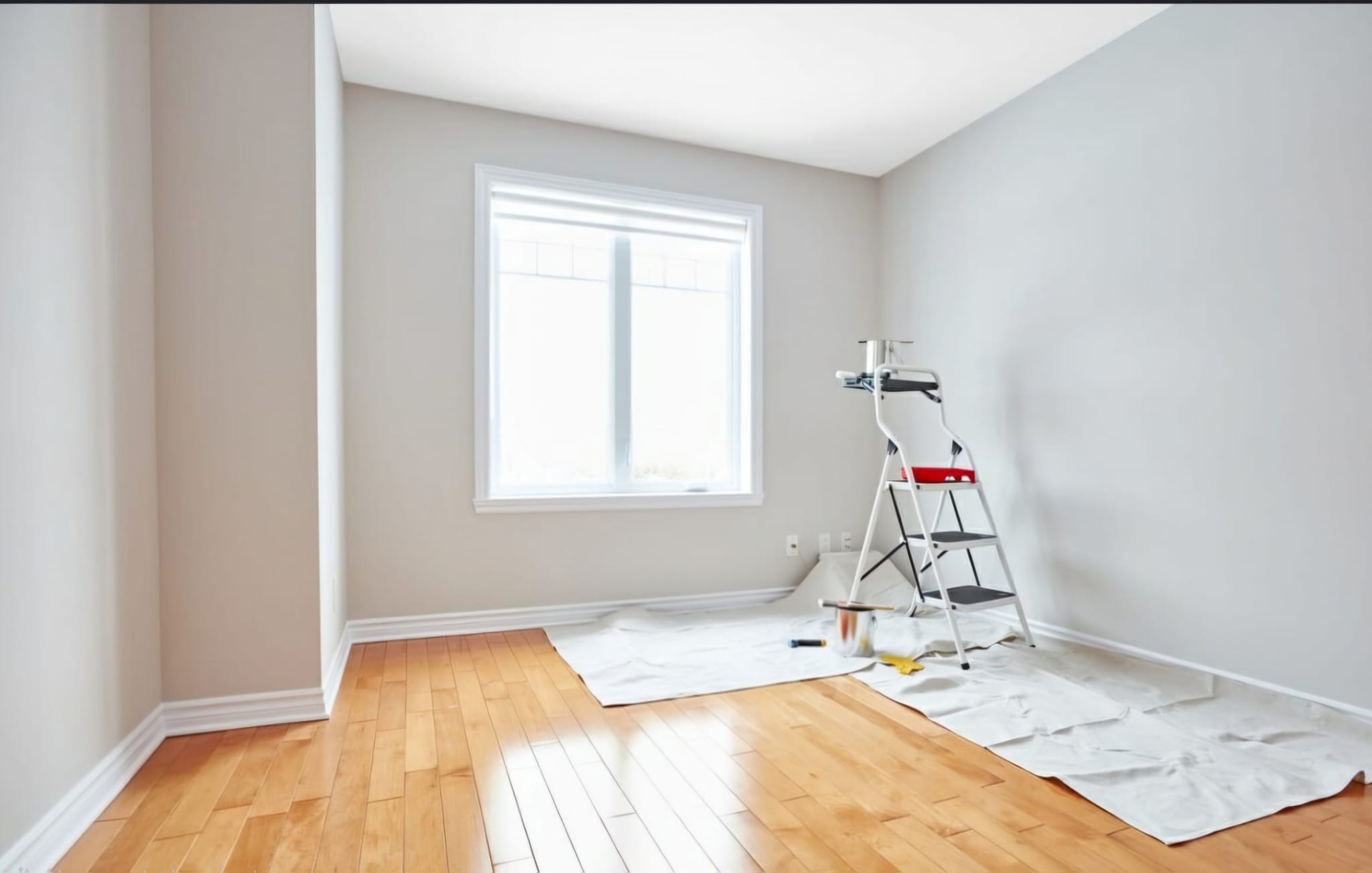 Painting in progress with dust sheets and step ladder